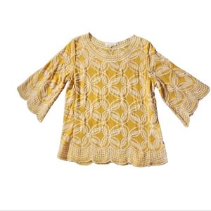 Solitaire Yellow W/ White Embroidered Pattern Half Bell Sleeve Top size L